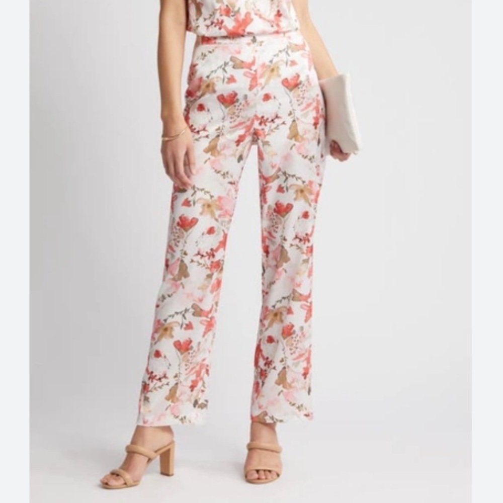 Ming Wang Watercolor Floral Wide Leg Pants NWT